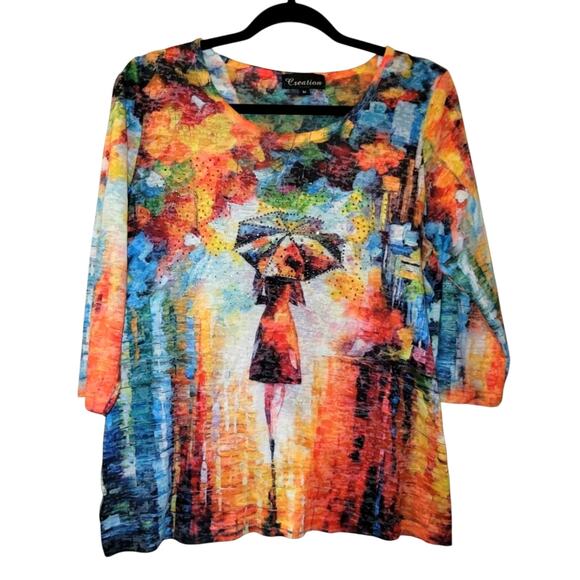 Vtg Y2k Womens Multicolor Artistic Women's 1/4 Sleeve Top Sequined Studs M - Picture 1 of 7